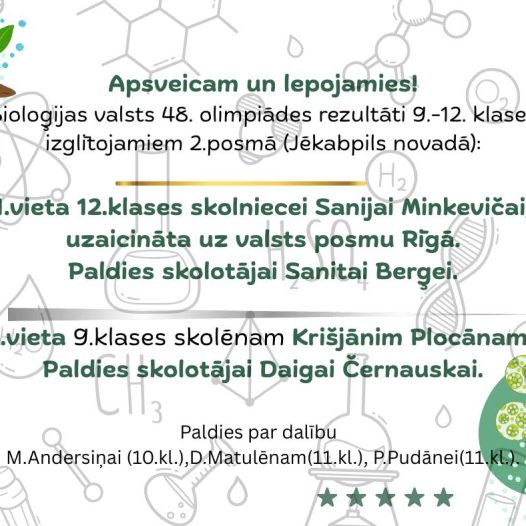 Panākumi Bioloģijas valsts 48.olimpiādē